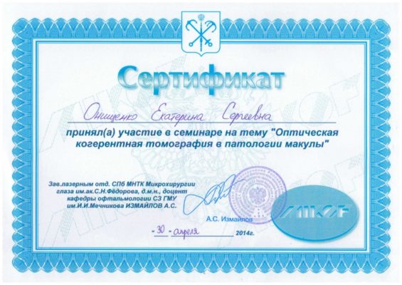 Сертификат Онищенко Екатерина Сергеевна