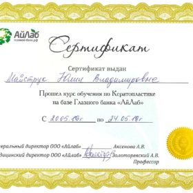 Сертификат Майструк Юлия Владимировна кератопластика