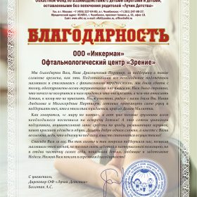Благодарность за благотворительность Инкерман Лучик детства