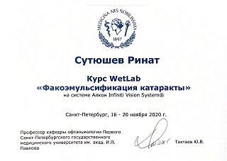 Сертификат об обучении в «WETLAB», 2020
